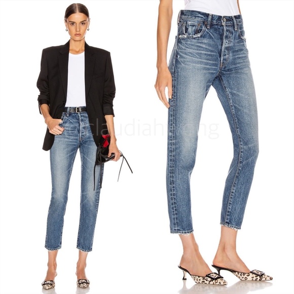 MOUSSY VINTAGE Moske Distressed Tapered Straight Leg Jeans in Blue - Picture 1 of 8